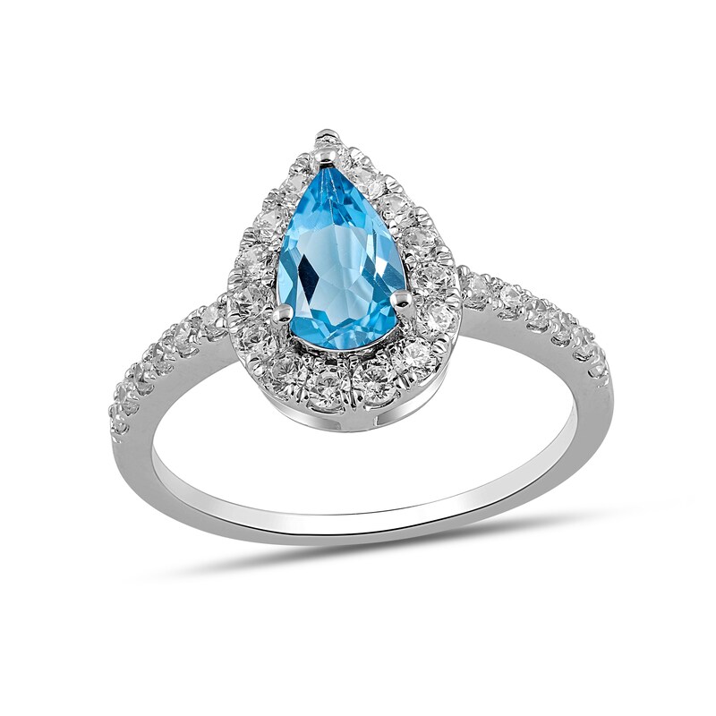Main Image 1 of Pear-Shaped Swiss Blue Topaz and 1/2 CT. T.W. Certified Lab-Grown Diamond Frame Ring in 14K White Gold (F/SI2)