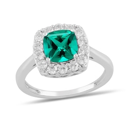 Cushion-Cut Lab-Created Emerald and 1/2 CT. T.W. Certified Lab-Grown Diamond Frame Ring in 14K White Gold (F/SI2)
