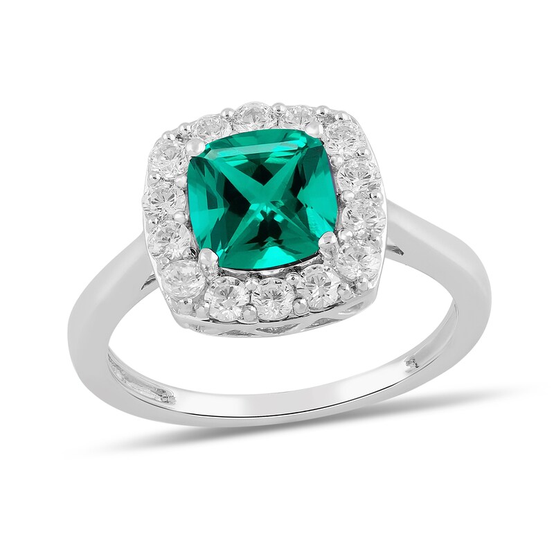 Main Image 1 of Cushion-Cut Lab-Created Emerald and 1/2 CT. T.W. Certified Lab-Grown Diamond Frame Ring in 14K White Gold (F/SI2)