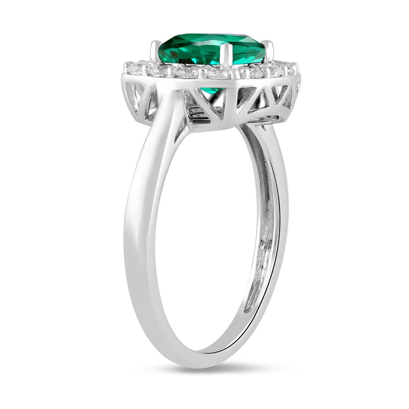 Main Image 2 of Cushion-Cut Lab-Created Emerald and 1/2 CT. T.W. Certified Lab-Grown Diamond Frame Ring in 14K White Gold (F/SI2)
