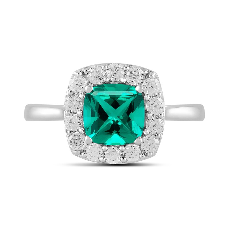 Main Image 3 of Cushion-Cut Lab-Created Emerald and 1/2 CT. T.W. Certified Lab-Grown Diamond Frame Ring in 14K White Gold (F/SI2)