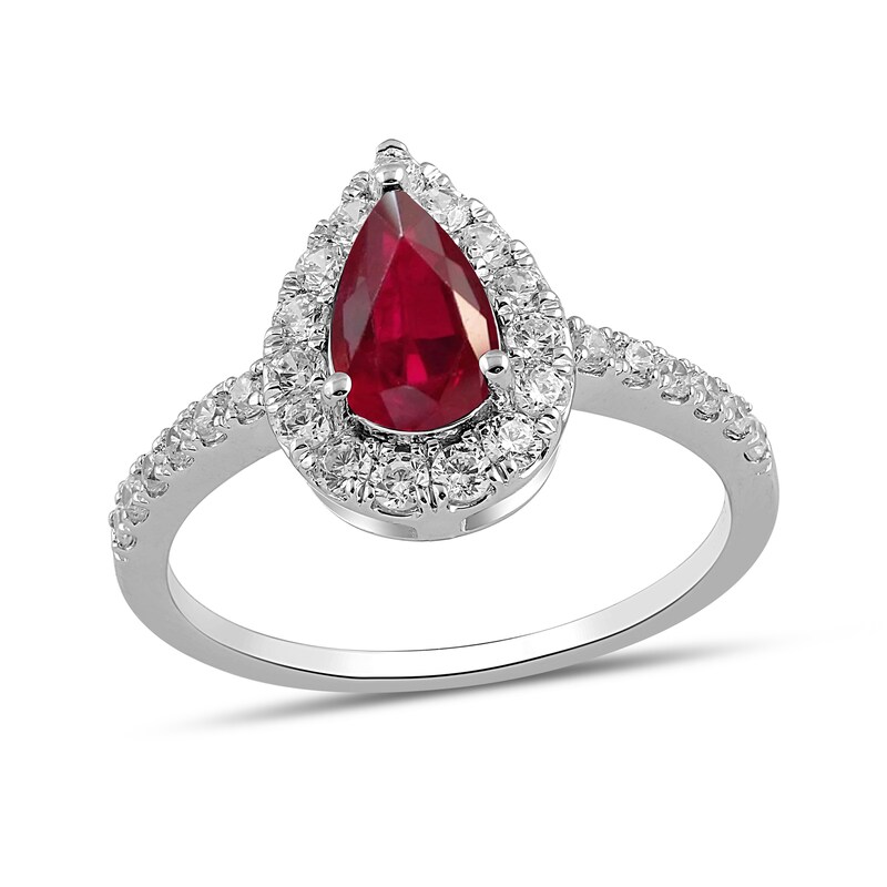 Main Image 1 of Pear-Shaped Lab-Created Ruby and 1/2 CT. T.W. Certified Lab-Grown Diamond Frame Ring in 14K White Gold (F/SI2)