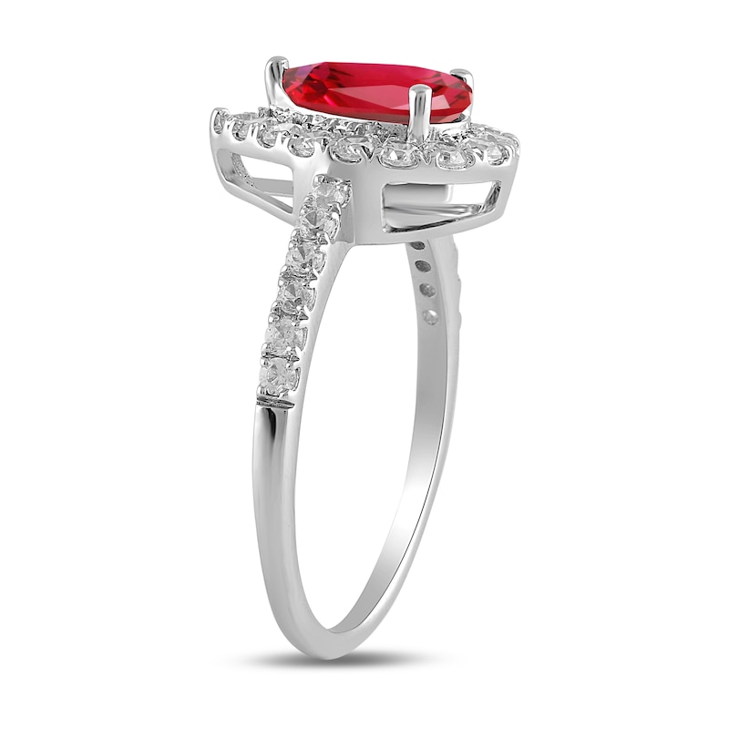 Main Image 2 of Pear-Shaped Lab-Created Ruby and 1/2 CT. T.W. Certified Lab-Grown Diamond Frame Ring in 14K White Gold (F/SI2)