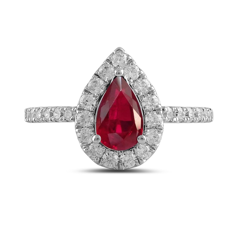 Main Image 3 of Pear-Shaped Lab-Created Ruby and 1/2 CT. T.W. Certified Lab-Grown Diamond Frame Ring in 14K White Gold (F/SI2)