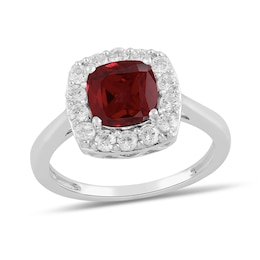 Cushion-Cut Lab-Created Ruby and 1/2 CT. T.W. Certified Lab-Grown Diamond Frame Ring in 14K White Gold (F/SI2)