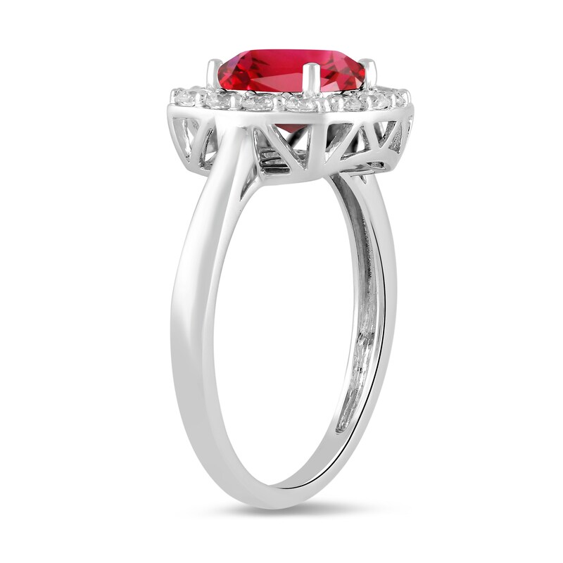 Main Image 2 of Cushion-Cut Lab-Created Ruby and 1/2 CT. T.W. Certified Lab-Grown Diamond Frame Ring in 14K White Gold (F/SI2)