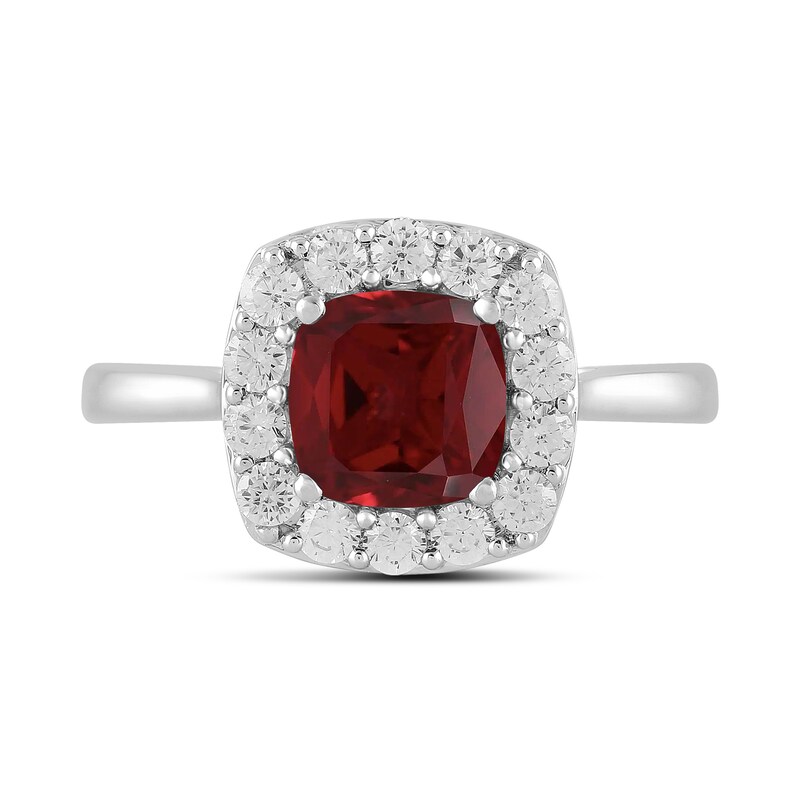 Main Image 3 of Cushion-Cut Lab-Created Ruby and 1/2 CT. T.W. Certified Lab-Grown Diamond Frame Ring in 14K White Gold (F/SI2)