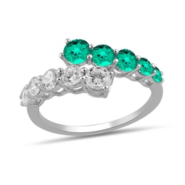 Lab-Created Emerald and 3/4 CT. T.W. Certified Lab-Grown Diamond Graduated Bypass Ring in 14K White Gold (F/SI2)