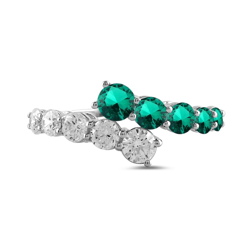 Main Image 3 of Lab-Created Emerald and 3/4 CT. T.W. Certified Lab-Grown Diamond Graduated Bypass Ring in 14K White Gold (F/SI2)