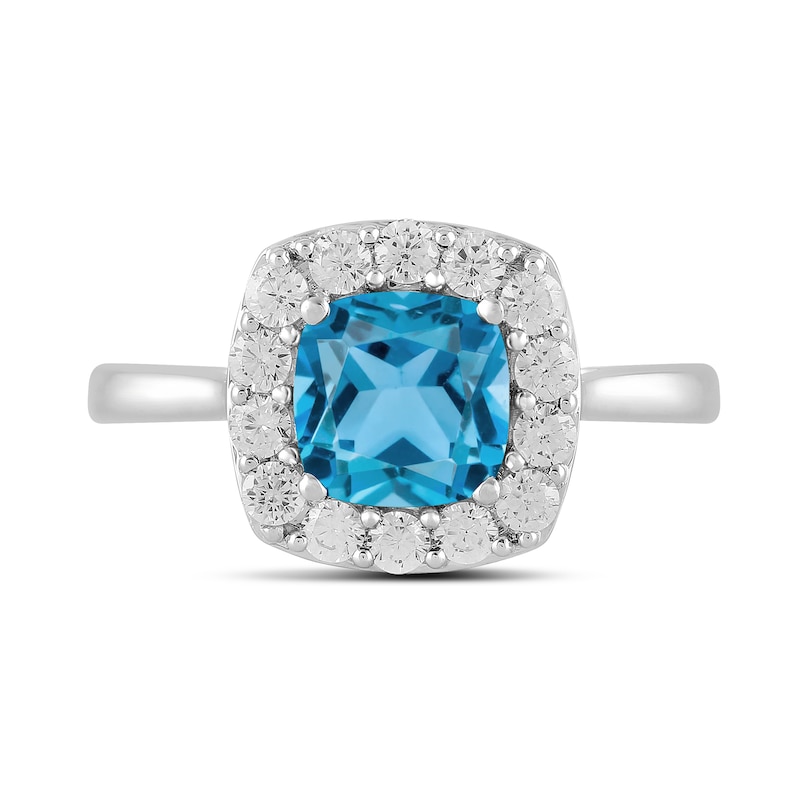 Main Image 3 of Cushion-Cut Swiss Blue Topaz and 1/2 CT. T.W. Certified Lab-Grown Diamond Frame Ring in 14K White Gold (F/SI2)