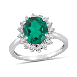 Oval Lab-Created Emerald and 1/2 CT. T.W. Certified Lab-Grown Diamond Sunburst Frame Ring in 14K White Gold (F/SI2)