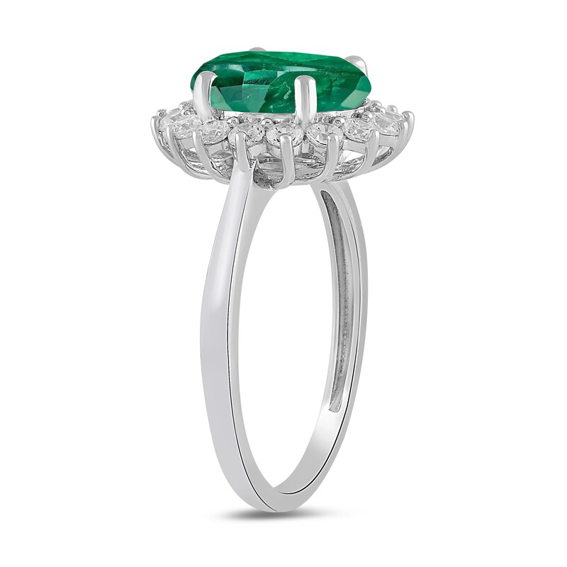 Main Image 2 of Oval Lab-Created Emerald and 1/2 CT. T.W. Certified Lab-Grown Diamond Sunburst Frame Ring in 14K White Gold (F/SI2)