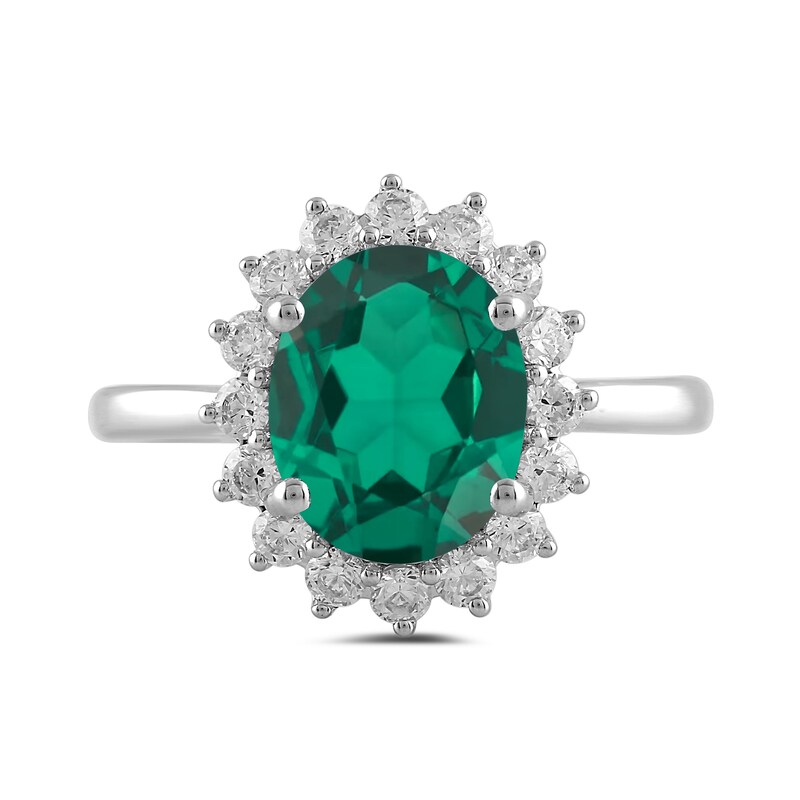 Main Image 3 of Oval Lab-Created Emerald and 1/2 CT. T.W. Certified Lab-Grown Diamond Sunburst Frame Ring in 14K White Gold (F/SI2)
