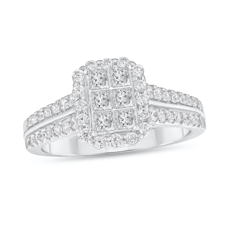 Main Image 1 of 7/8 CT. T.W. Emerald-Shaped Multi-Diamond Frame Split Shank Engagement Ring in 10K White Gold