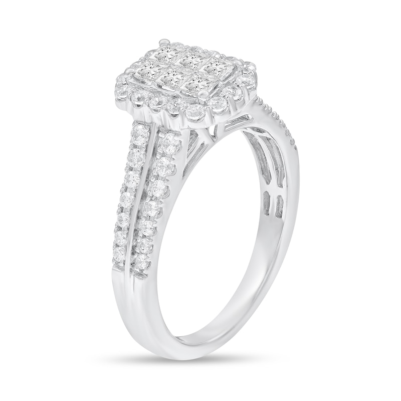 Main Image 2 of 7/8 CT. T.W. Emerald-Shaped Multi-Diamond Frame Split Shank Engagement Ring in 10K White Gold