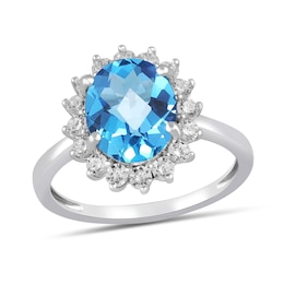 Oval Swiss Blue Topaz and 1/2 CT. T.W. Certified Lab-Grown Diamond Sunburst Frame Ring in 14K White Gold (F/SI2)