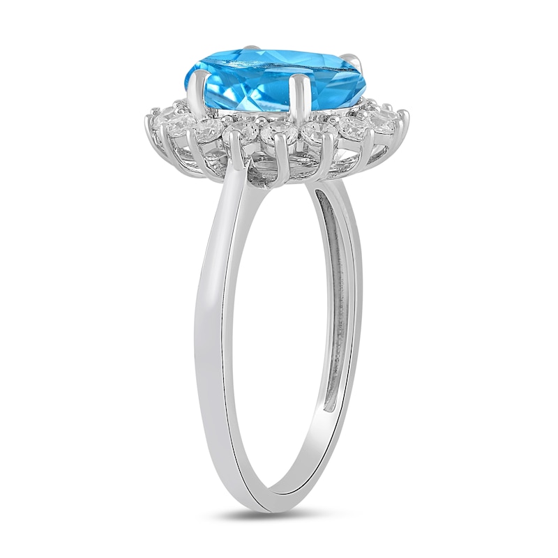 Main Image 2 of Oval Swiss Blue Topaz and 1/2 CT. T.W. Certified Lab-Grown Diamond Sunburst Frame Ring in 14K White Gold (F/SI2)