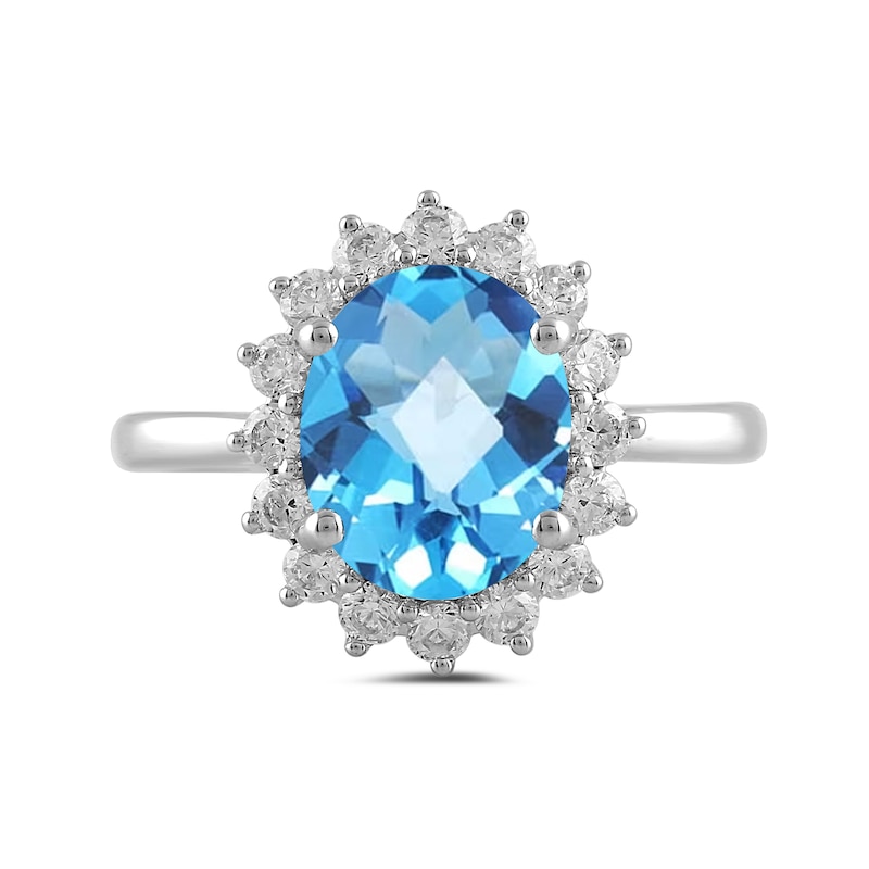 Main Image 3 of Oval Swiss Blue Topaz and 1/2 CT. T.W. Certified Lab-Grown Diamond Sunburst Frame Ring in 14K White Gold (F/SI2)