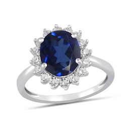 Oval Blue Lab-Created Sapphire and 1/2 CT. T.W. Certified Lab-Grown Diamond Sunburst Frame Ring in 14K White Gold