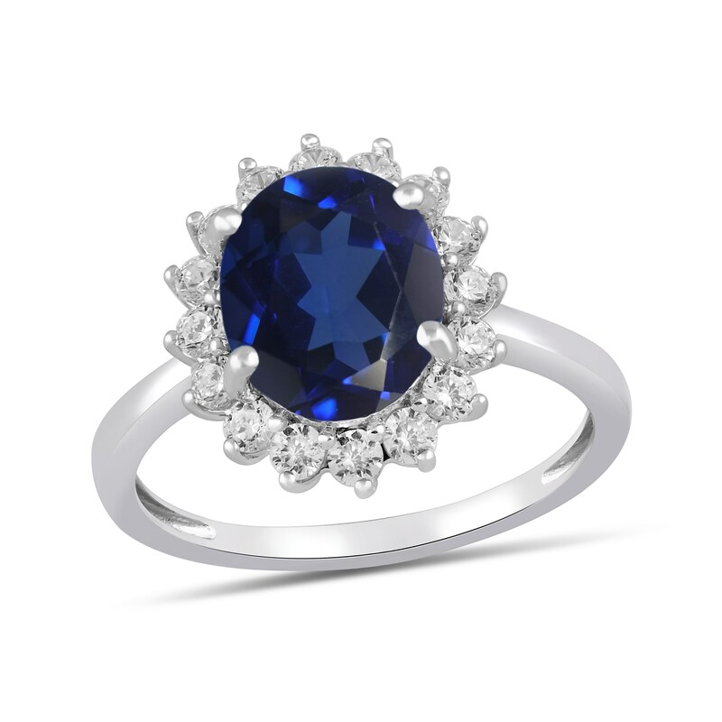Main Image 1 of Oval Blue Lab-Created Sapphire and 1/2 CT. T.W. Certified Lab-Grown Diamond Sunburst Frame Ring in 14K White Gold