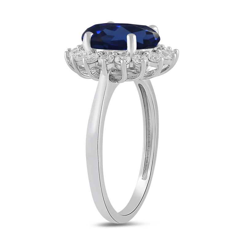 Main Image 2 of Oval Blue Lab-Created Sapphire and 1/2 CT. T.W. Certified Lab-Grown Diamond Sunburst Frame Ring in 14K White Gold