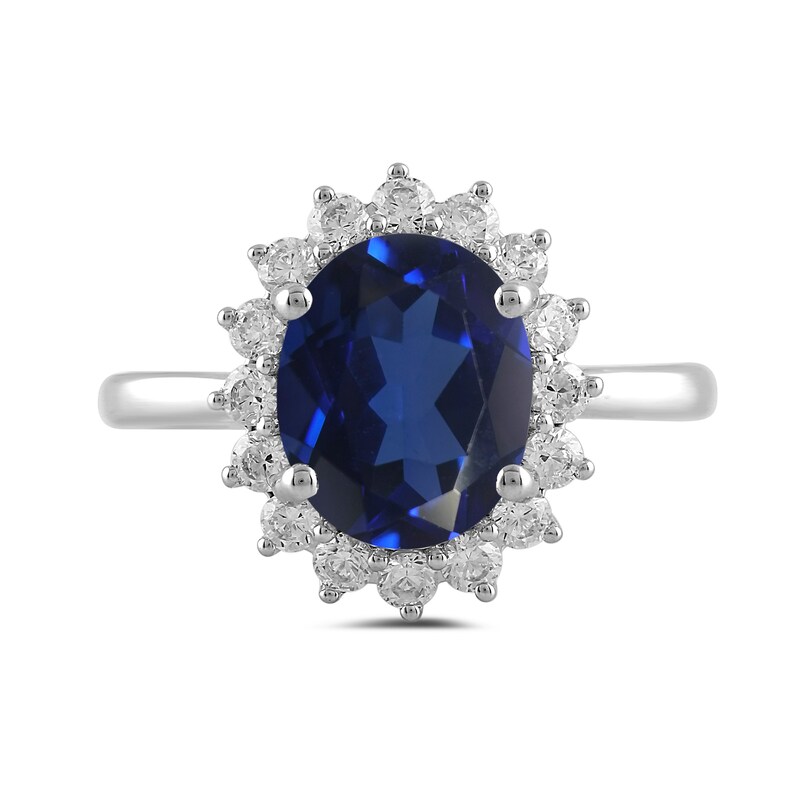 Main Image 3 of Oval Blue Lab-Created Sapphire and 1/2 CT. T.W. Certified Lab-Grown Diamond Sunburst Frame Ring in 14K White Gold