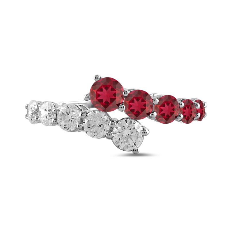 Main Image 3 of Lab-Created Ruby and 3/4 CT. T.W. Certified Lab-Grown Diamond Graduated Bypass Ring in 14K White Gold (F/SI2)