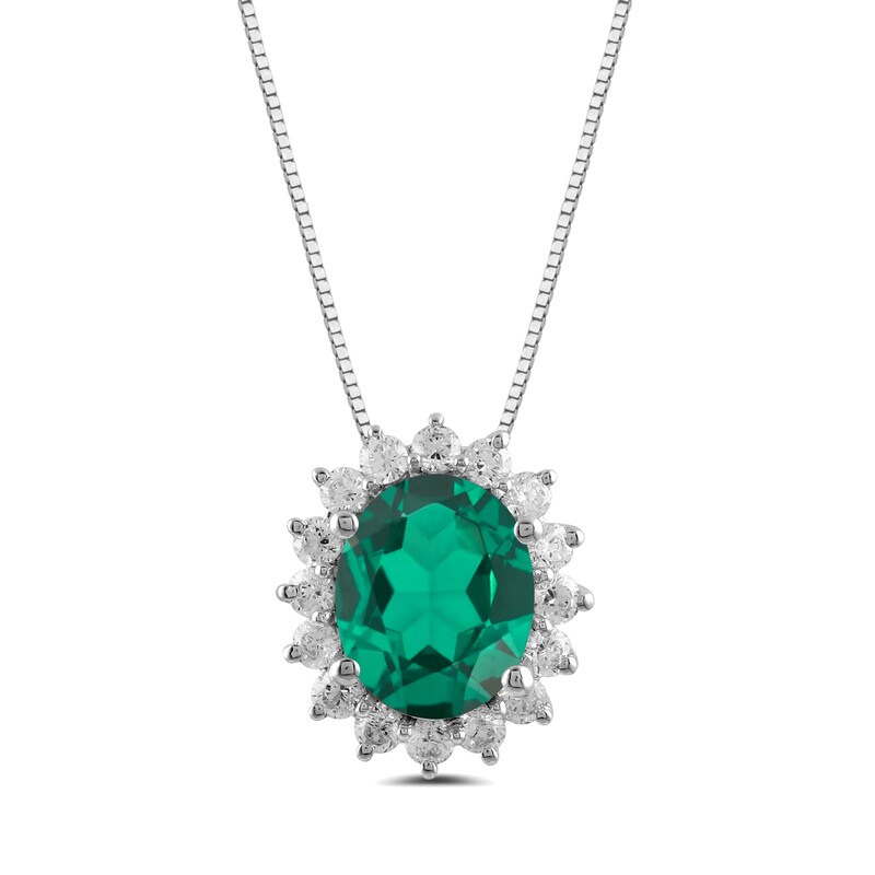 Main Image 1 of Oval Lab-Created Emerald and 1/2 CT. T.W. Certified Lab-Grown Diamond Sunburst Frame Pendant in 14K White Gold