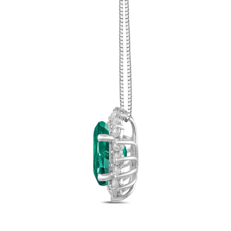 Main Image 2 of Oval Lab-Created Emerald and 1/2 CT. T.W. Certified Lab-Grown Diamond Sunburst Frame Pendant in 14K White Gold