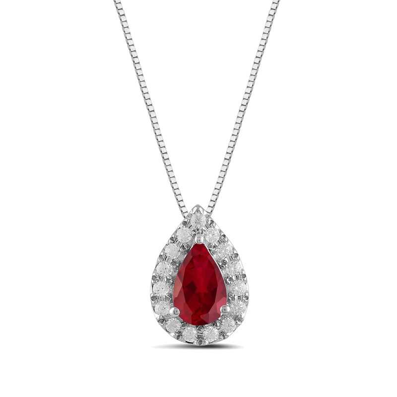 Main Image 1 of Pear-Shaped Lab-Created Ruby and 1/3 CT. T.W. Certified Lab-Grown Diamond Frame Pendant in 14K White Gold (F/SI2)