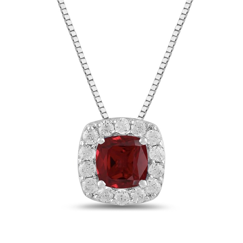 Main Image 1 of Cushion-Cut Lab-Created Ruby and 1/2 CT. T.W. Certified Lab-Grown Diamond Frame Pendant in 14K White Gold (F/SI2)