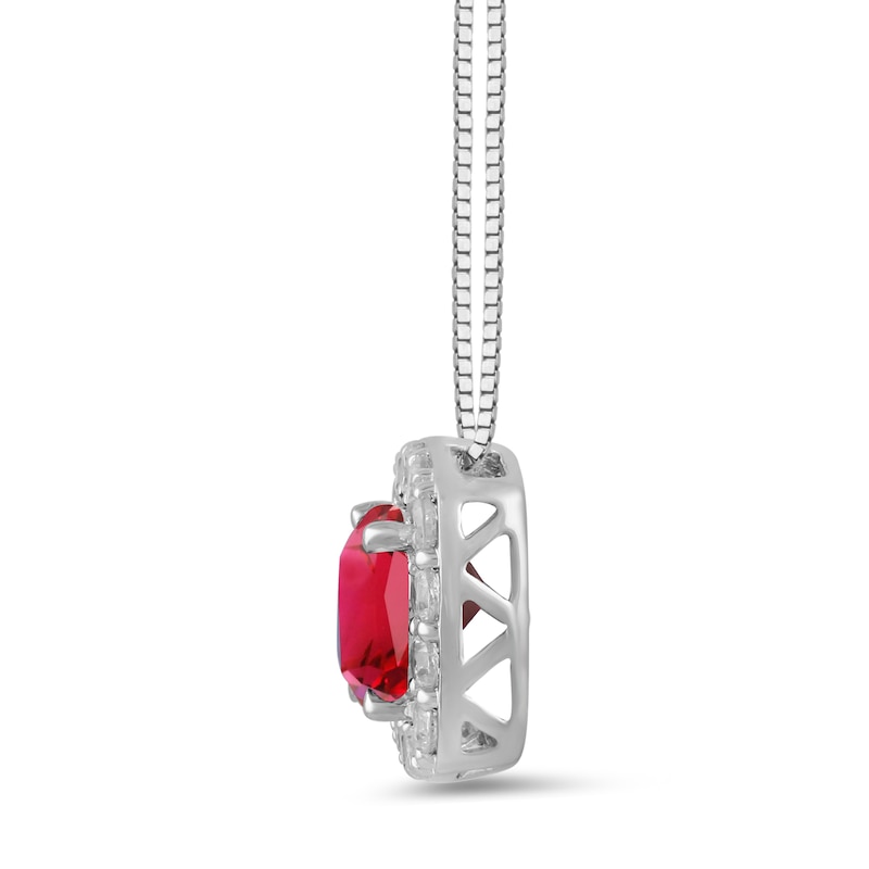 Main Image 2 of Cushion-Cut Lab-Created Ruby and 1/2 CT. T.W. Certified Lab-Grown Diamond Frame Pendant in 14K White Gold (F/SI2)