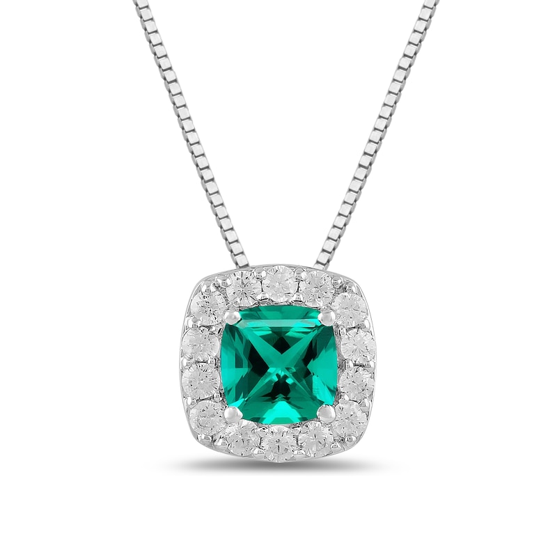 Main Image 1 of Cushion-Cut Lab-Created Emerald and 1/2 CT. T.W. Certified Lab-Grown Diamond Frame Pendant in 14K White Gold (F/SI2)