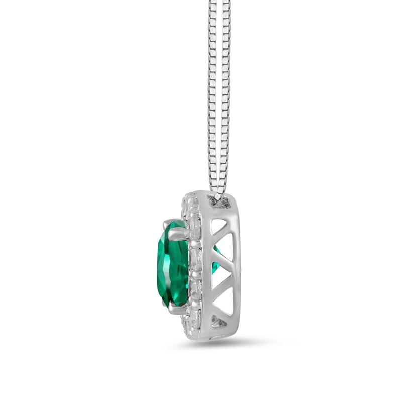 Main Image 2 of Cushion-Cut Lab-Created Emerald and 1/2 CT. T.W. Certified Lab-Grown Diamond Frame Pendant in 14K White Gold (F/SI2)