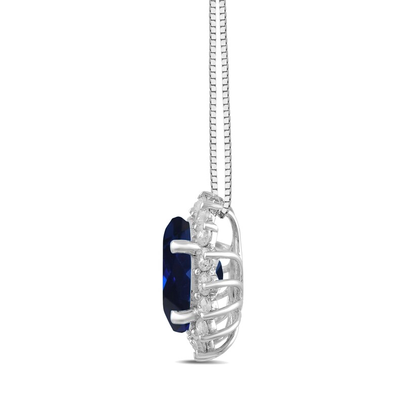 Main Image 2 of Oval Blue Lab-Created Sapphire and 1/2 CT. T.W. Certified Lab-Grown Diamond Sunburst Frame Pendant in 14K White Gold