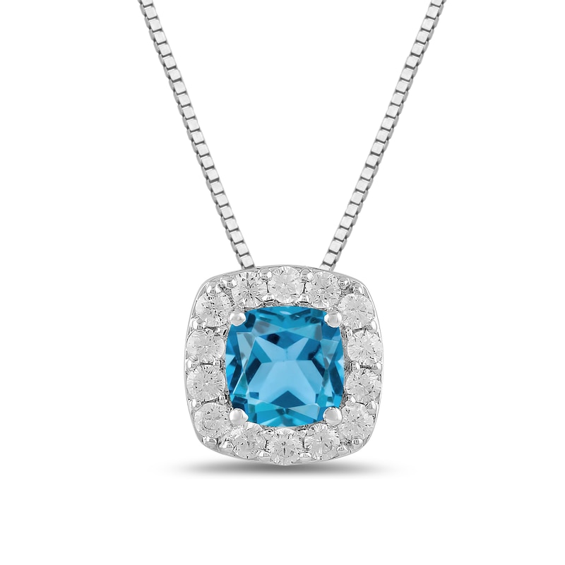 Main Image 1 of Cushion-Cut Swiss Blue Topaz and 1/2 CT. T.W. Certified Lab-Grown Diamond Frame Pendant in 14K White Gold (F/SI2)