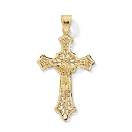 Diamond-Cut Filigree Crucifix Necklace Charm in Solid 14K Gold