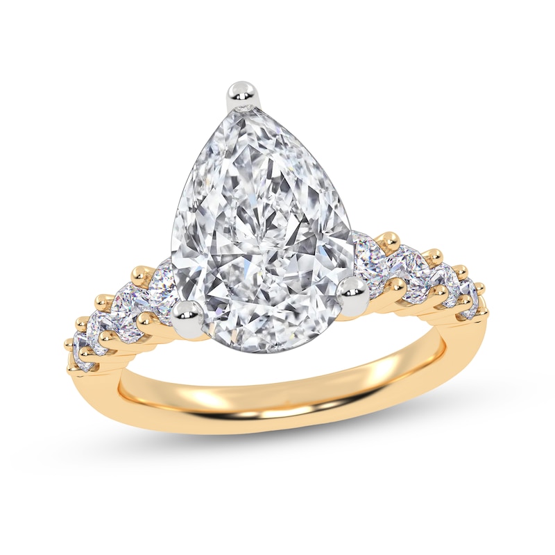 Main Image 1 of 3-3/4 CT. T.W. Pear-Shaped Certified Lab-Grown Diamond Graduated Shank Engagement Ring in 14K Gold (I/SI2)