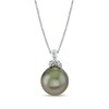 Thumbnail Image 1 of 11.0mm Oval Black Tahitian Cultured Pearl and Diamond Accent Floral Drop Pendant in 10K White Gold