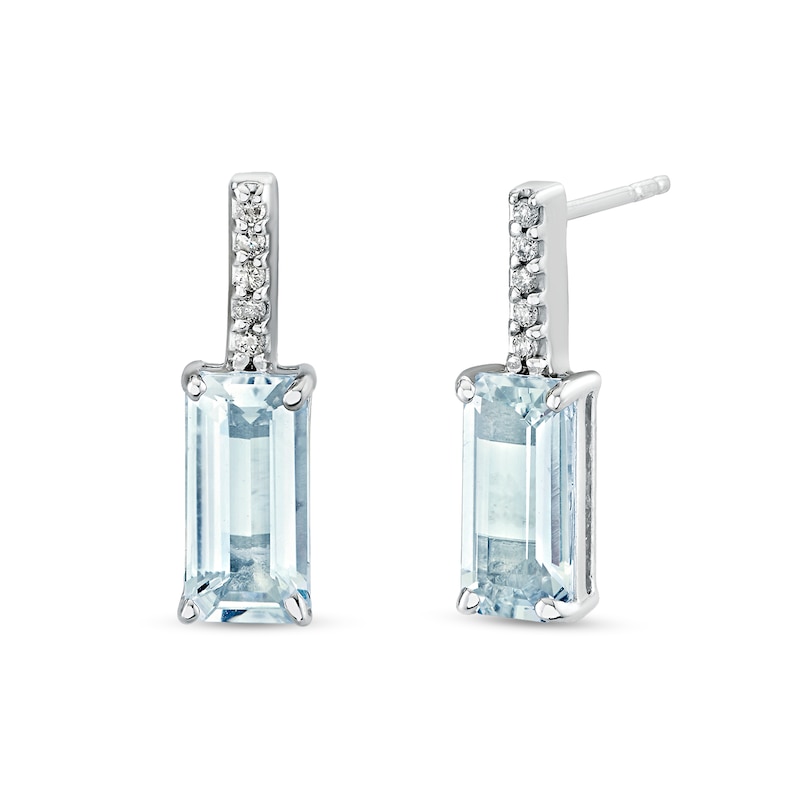 Main Image 1 of Emerald-Cut Aquamarine and 1/15 CT. T.W. Diamond Drop Earrings in Sterling Silver