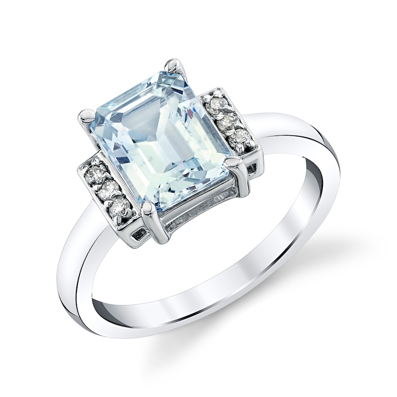 Main Image 1 of Emerald-Cut Aquamarine and 1/10 CT. T.W. Diamond Collar Ring in Sterling Silver