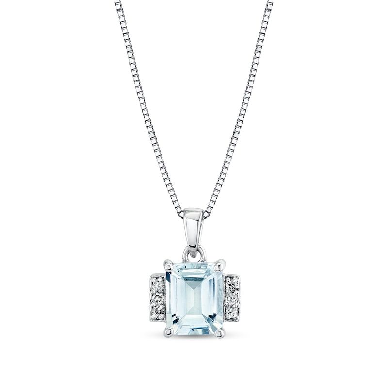 Main Image 1 of Emerald-Cut Aquamarine and 1/10 CT. T.W. Diamond Collar Pendant in Sterling Silver