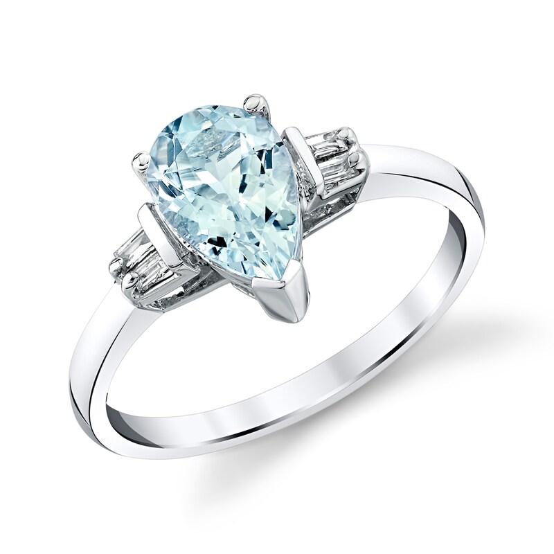 Main Image 1 of Pear-Shaped Aquamarine and 1/20 CT. T.W. Baguette-Cut Diamond Collar Ring in 14K White Gold