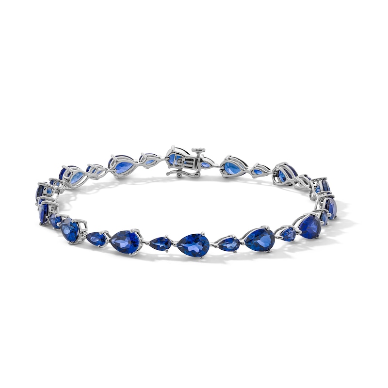 Main Image 1 of Pear-Shaped Blue Lab-Created Sapphire Alternating Line Bracelet in Sterling Silver - 7.5"