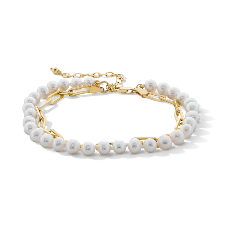 Main Image 1 of 5.0-6.0mm Oval Freshwater Cultured Pearl and Paper Clip Chain Double Strand Bracelet in 10K Gold - 7.5"