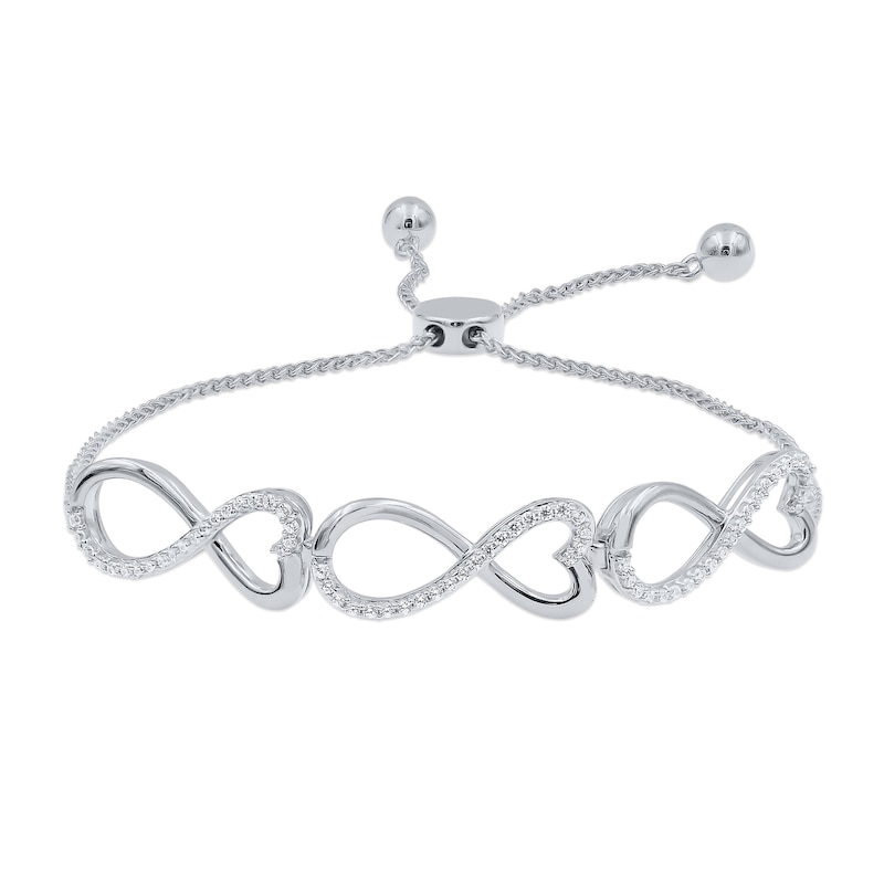 Main Image 1 of 1/3 CT. T.W. Diamond Infinity Heart Link Bolo Bracelet in Sterling Silver - 9.0"