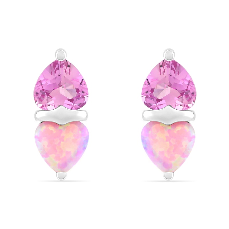 Main Image 1 of Heart-Shaped Pink Lab-Created Opal and Pink Lab-Created Sapphire Stud Earrings in Sterling Silver