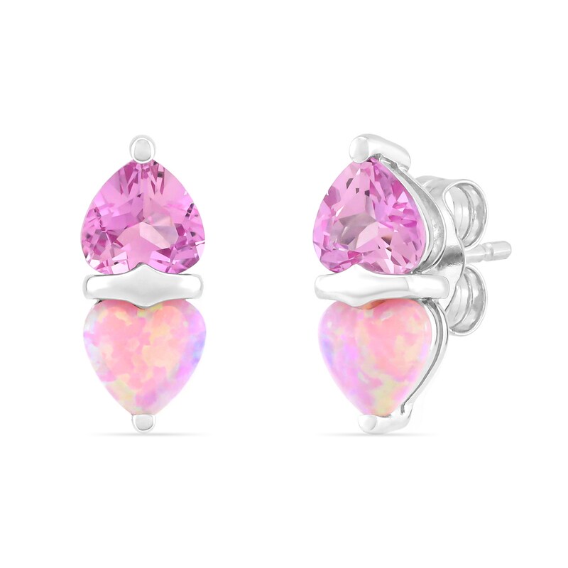Main Image 2 of Heart-Shaped Pink Lab-Created Opal and Pink Lab-Created Sapphire Stud Earrings in Sterling Silver