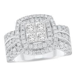 2 CT. T.W. Quad Princess-Cut Diamond Double Cushion Frame Triple Row Engagement Ring in 14K White Gold