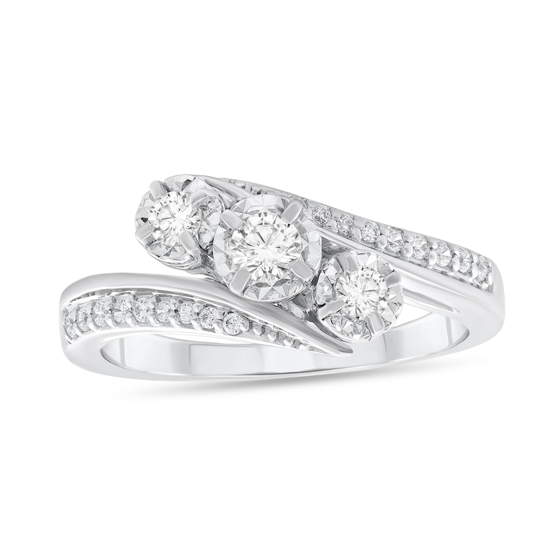 Main Image 1 of 3/8 CT. T.W. Diamond Three Stone Bypass Shank Engagement Ring in 10K White Gold